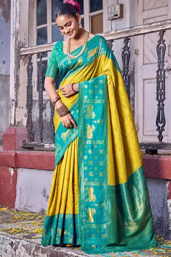 Sutriti mustard yellow soft silk saree with blue border - festive wedding ethnic saree for women