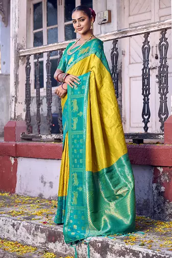 mustard yellow soft silk blend saree with blue border -  for women