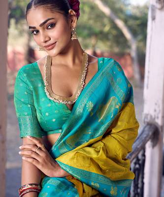 mustard yellow soft silk blend saree with blue border -  for women 4