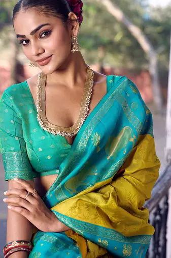 mustard yellow soft silk blend saree with blue border -  for women