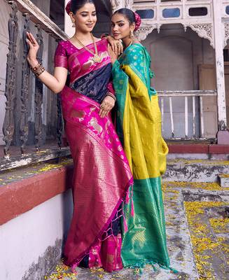 mustard yellow soft silk blend saree with blue border -  for women 5