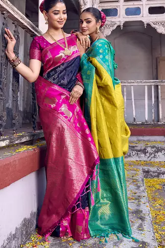 mustard yellow soft silk blend saree with blue border -  for women