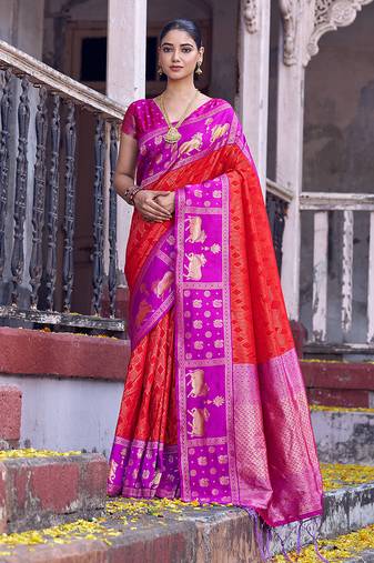 Sutriti red soft silk saree with rani pink border - festive wedding party ethnic saree for women