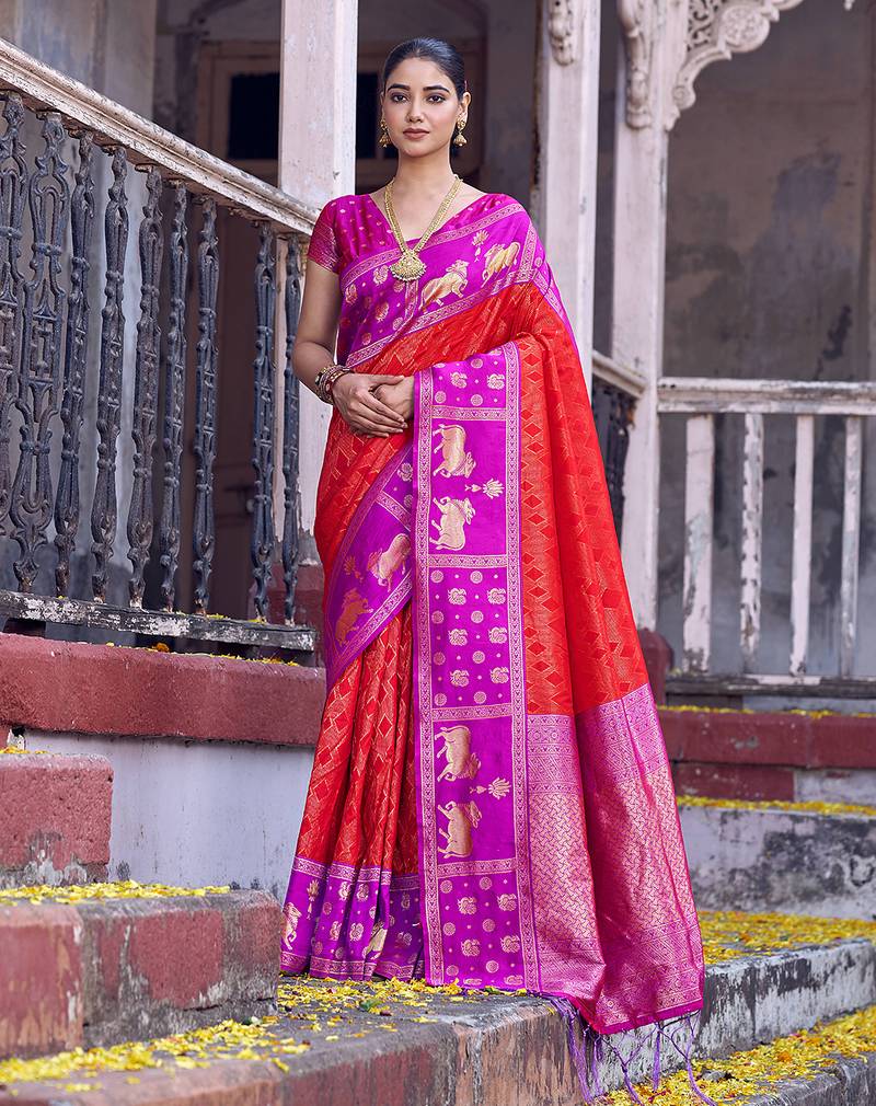 Sutriti red soft silk saree with rani pink border - festive wedding party ethnic saree for women