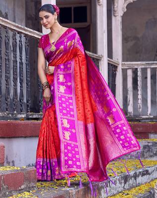 red soft silk blend saree with rani pink border - party for women 2