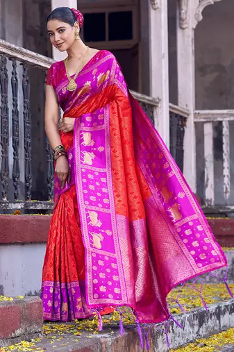 red soft silk blend saree with rani pink border - party for women