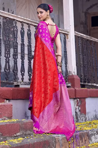 red soft silk blend saree with rani pink border - party for women