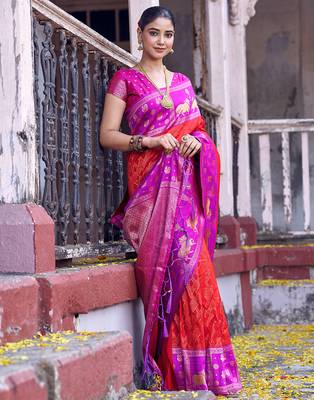 red soft silk blend saree with rani pink border - party for women 4