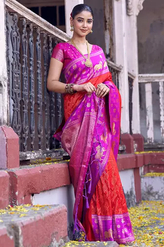 red soft silk blend saree with rani pink border - party for women