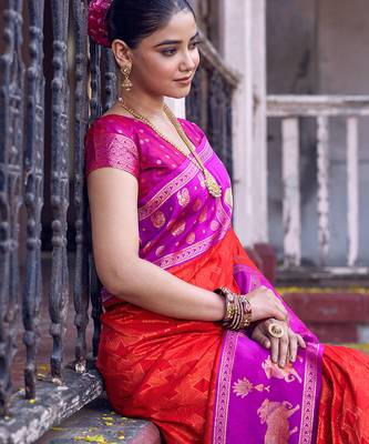 red soft silk blend saree with rani pink border - party for women 5