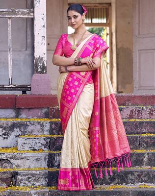 cream soft silk blend saree with rani pink border - party for women 1