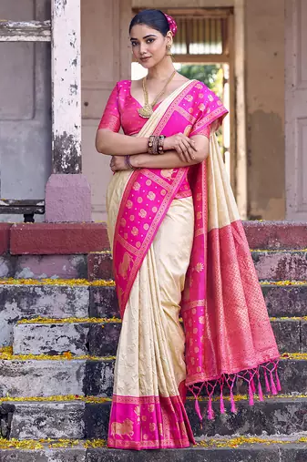 Sutriti cream soft silk saree with rani pink border - festive wedding party ethnic saree for women