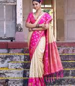 cream soft silk blend saree with rani pink border -  party  for women