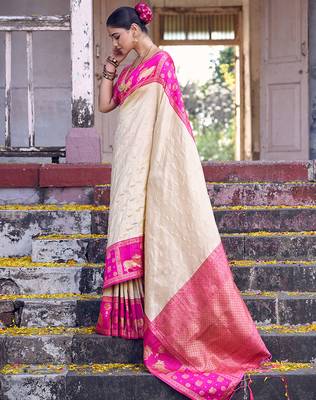 cream soft silk blend saree with rani pink border - party for women 2