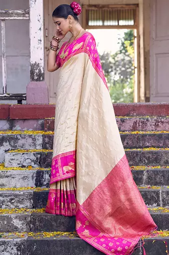 cream soft silk blend saree with rani pink border - party for women