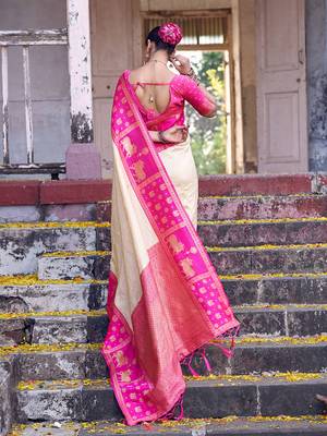 cream soft silk blend saree with rani pink border - party for women 3