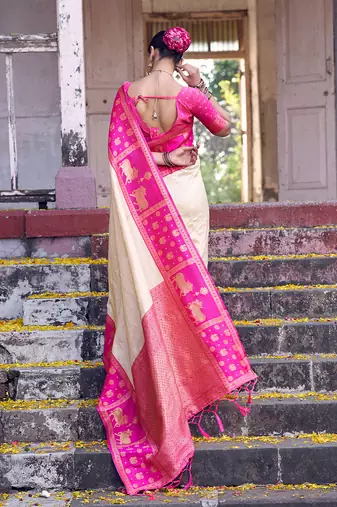 cream soft silk blend saree with rani pink border - party for women