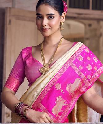 cream soft silk blend saree with rani pink border - party for women 5