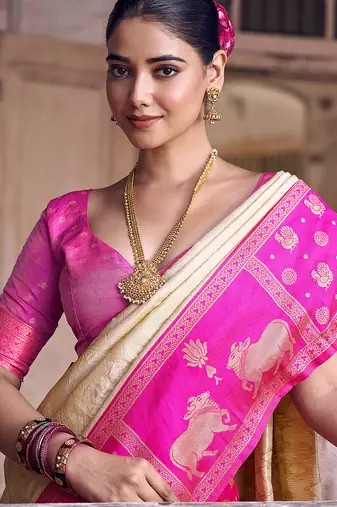 cream soft silk blend saree with rani pink border - party for women