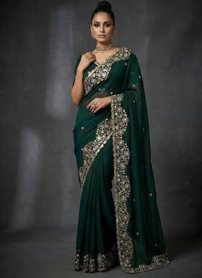 Green Color  Embroidery work of Beads & Sequins Work Satin art silk saree 1