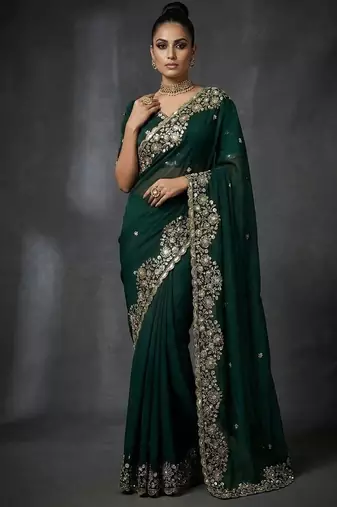 Green Color  Embroidery work of Beads & Sequins Work Satin Silk Saree
