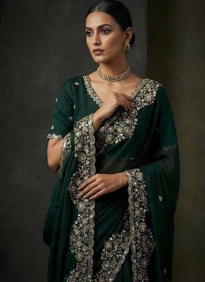 Green Color  Embroidery work of Beads & Sequins Work Satin art silk saree 2