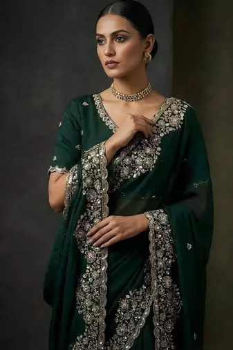 Green Color  Embroidery work of Beads & Sequins Work Satin art silk saree