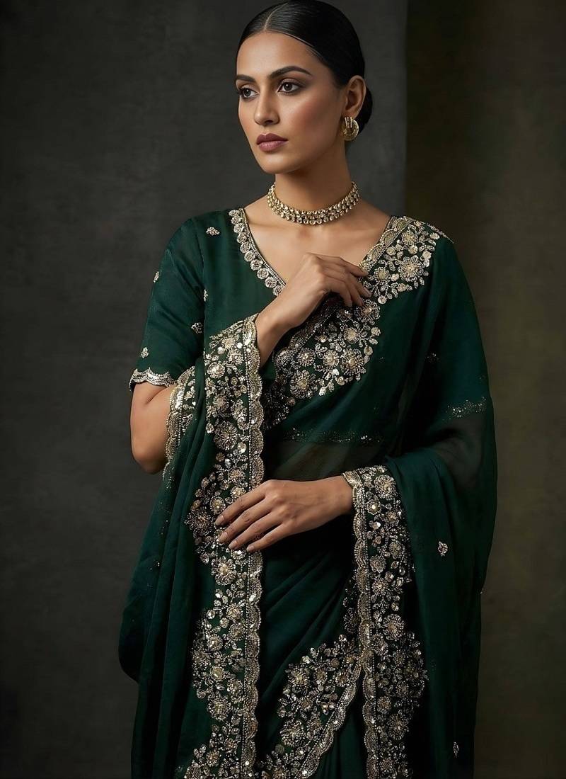 Green Color  Embroidery work of Beads & Sequins Work Satin Silk Saree