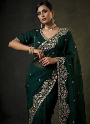 Green Color  Embroidery work of Beads & Sequins Work Satin art silk saree 3