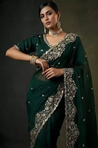 Green Color  Embroidery work of Beads & Sequins Work Satin art silk saree