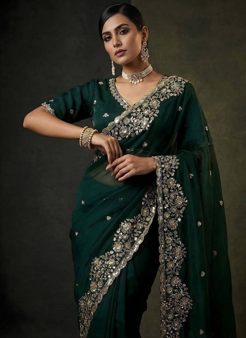 Green Color  Embroidery work of Beads & Sequins Work Satin Silk Saree