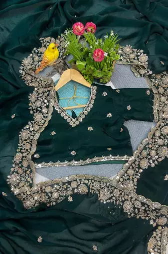 Green Color  Embroidery work of Beads & Sequins Work Satin art silk saree