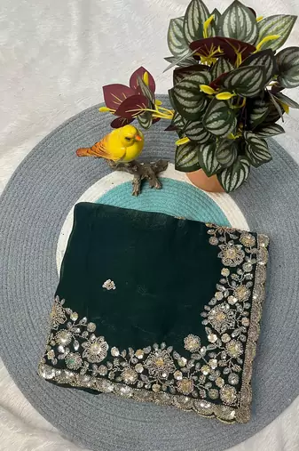 Green Color  Embroidery work of Beads & Sequins Work Satin art silk saree