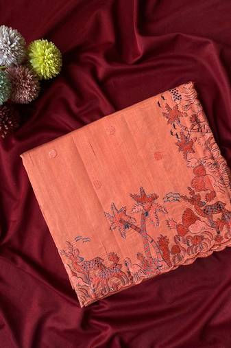 Orange matka silk saree  with heavy floral embroidery border with running blouse