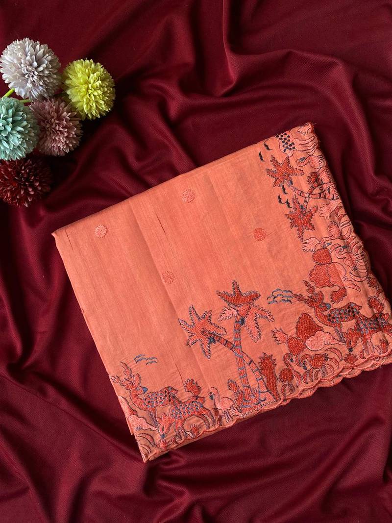 Orange matka silk saree  with heavy floral embroidery border with running blouse