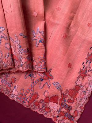 Orange matka silk saree with heavy floral embroidery border with running blouse 2