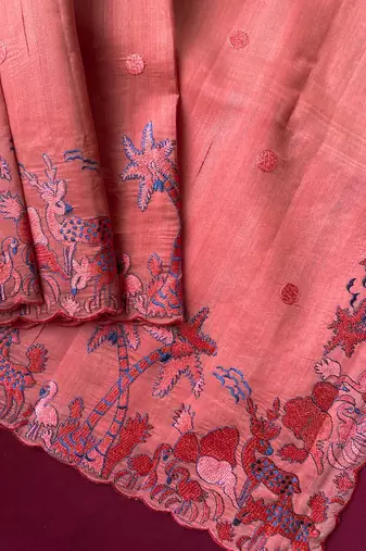 Orange matka silk saree with heavy floral embroidery border with running blouse