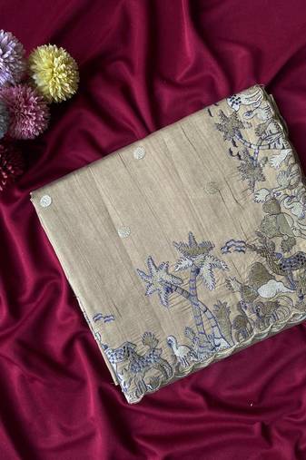 Grey  matka silk saree  with heavy floral embroidery border with running blouse