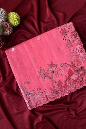 Pink matka silk saree  with heavy floral embroidery border with running blouse