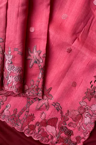 Pink matka silk saree with heavy floral embroidery border with running blouse