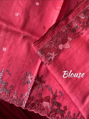 Pink matka silk saree with heavy floral embroidery border with running blouse 3
