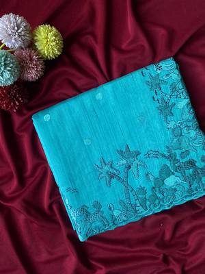 Teal matka silk saree with heavy floral embroidery border with running blouse 1