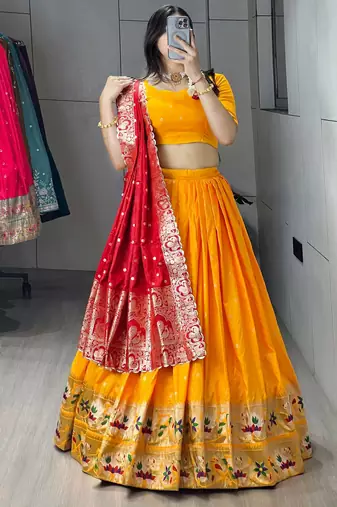 Golden Color Zari Weaving Work Paithani Silk Lehenga Choli With Unstitched Blouse