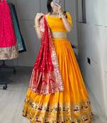 Golden Color Zari Weaving Work Paithani Silk Lehenga Choli With Unstitched Blouse