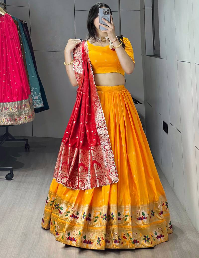 Golden Color Zari Weaving Work Paithani Silk Lehenga Choli With Unstitched Blouse