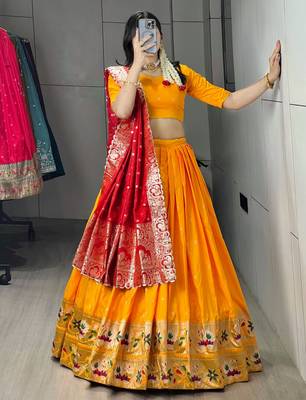 Golden Color Zari Weaving Work Paithani Silk Lehenga Choli With Unstitched Blouse 2
