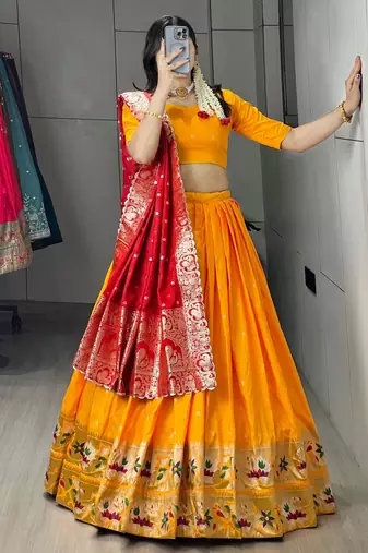 Golden Color Zari Weaving Work Paithani Silk Lehenga Choli With Unstitched Blouse