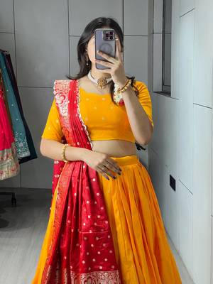Golden Color Zari Weaving Work Paithani Silk Lehenga Choli With Unstitched Blouse 4