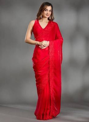 Red Color multi Embroidery Work  Satin Silk  Saree 1