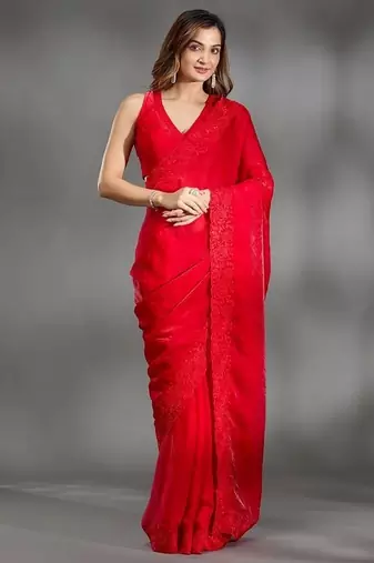 Red Color multi Embroidery Work  Satin Silk  Saree